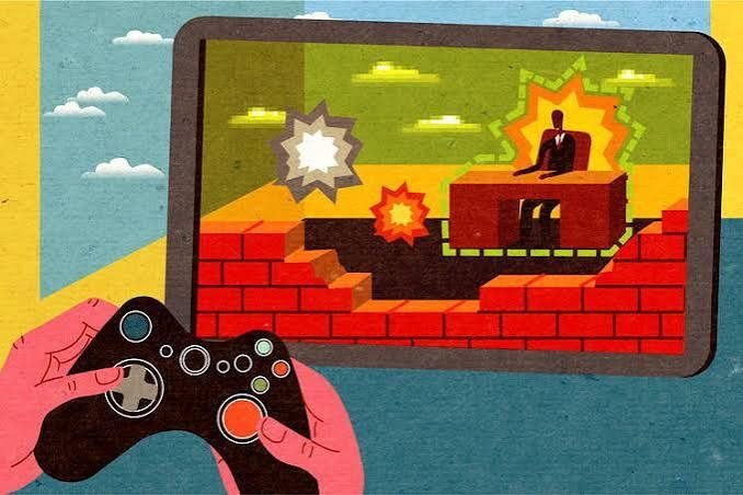 Ilustración de unas manos con un control frente a la pantalla.